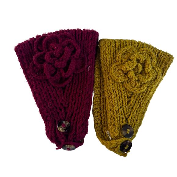 C.C. Knit Flower Headband - Ear Warmer - Red and Yellow - Picture 1 of 7